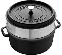 STAUB Cocotte, Cast Iron Casserole 26 cm, 5.25 L, Induction, Made in France | With Stainless Steel Steamer Insert, Suitable for All Hob Types, Black