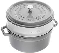 STAUB Cocotte, Cast Iron Casserole 26 cm, 5.25 L, Induction, Made in France | With Stainless Steel Steamer Insert, Suitable for All Hob Types, Graphite-Grey