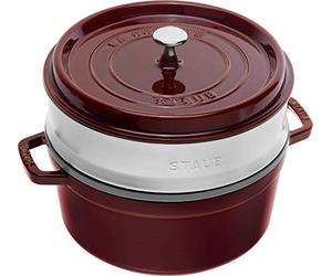 STAUB Cocotte, Cast Iron Casserole 28 cm, 6.7 L, Induction, Made in France | With Stainless Steel Steamer Insert, Aroma Rain Lid, Suitable for All Hob Types, Round, Grenadine Red