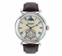 Stauer Copernicus Open Heart Automatic Watch for Men - 42mm Case, Guilloché Face and Blue Roman Numeral Hands, Sun-Moon Dial and Brown Leather Strap, Silver Alloy Case with Brass Dial, Classic