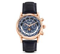 Stauer Globehopper Automatic Watch for Men - 46mm Rose Gold Finished Case, Blue Face with Sun & Moon Phase Dial, World Time Zones and Black Leather Strap, Rose Gold Case with Dark Blue Dial, Modern