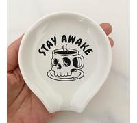 Stay Awake Skull Coffee Spoon Rest Ceramic,Kitchen Spoon Rest,Funny Spoon Rest,Gift for Coffee Lovers,Coffee Spoon Rest for Coffee Bar,White Spoon Rest with Spoon