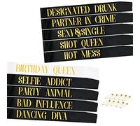 STAY GENT 10Pcs Birthday Sashes for Girls, 1Pcs White Birthday Queen Sash + 9Pcs Black Party Sashes for Birthday Gifts Party Favors Decor Supplies