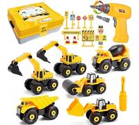 STAY GENT Take Apart Construction Vehicles Toys with Electric Drill, Building Excavator Toy STEM Trucks for Kids with Storage Box, Digger DIY Educational Learning Gifts for Ages 6+ Boys Girls