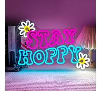 Stay Hoppy LED Neon Sign Retro Pink & Blue Pastel Light Up Sign with Daisies 16.3" x 11.8" Large Wall Decor for Teen Girls Bedroom Dorm Easter Spring Party Backdrop