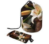 Stay Organized and Travel in Style with Our Waterproof Drawstring Toiletry Organizer - Perfect for Women On The Move!, Yellow Easter Lilies Eggs