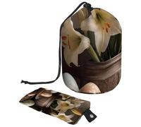 Stay Organized Anywhere: Foldable Drawstring Toiletry Bag for Women, The Ultimate Travel Essential for Makeup Storage, White Easter Lilies Eggs