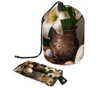 Stay Organized on The Go: Foldable Portable Cosmetic Bag with Large Barrel Design, White Easter Lilies Eggs