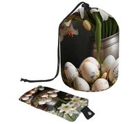 Stay Organized on The Go | Large Barrel Makeup Bag with Drawstring Closure and Waterproof Material, White Easter Lilies Eggs