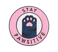 Stay Pawsitive Patch, Cute Cat Paw Embroidered Iron On and Sew On Patch, 2.87" Round for Backpack, Hoodie, Hat, Vest or Jacket, Fun Pink Inspirational Gift for Pet Lovers, Women and Girls
