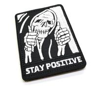 Stay Positive Morale Patch w Skull Grim Reaper Skeleton Hook and Loop Fabric Playing Card Death Badge 8cm x 5.5cm British Forces Airsoft Black