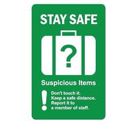 Stay safe from suspicious items don't touch safety sign - Self adhesive sticker (200mm x 150mm)