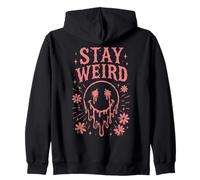 Stay Weird Face Retro Groovy Floral Pink Zip Hoodie