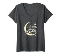 Stay Wild Moon Child Mystical Night Sky V-Neck T-Shirt, Women, Dark Heather Grey, S