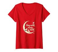 Stay Wild Moon Child Mystical Night Sky V-Neck T-Shirt, Women, Red, M