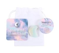 Stay Wild Moonstone Crystal Moon in a Bag - Crescent-Shaped Moonstone Gift Set with 'Stay Wild Moon Child' Token - Crystal Earth Range Gift