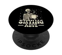 Staying Alive Funny Skeleton Coffee Retro Groovy Skull PopSockets Adhesive PopGrip