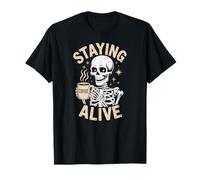 Staying Alive, Funny Skeleton with Coffee Mug and Stars T-Shirt