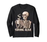 Staying Alive Skeleton Coffee Funny Retro Vintage Halloween Long Sleeve T-Shirt