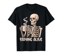 Staying Alive Skeleton Coffee Funny Retro Vintage Halloween T-Shirt