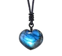 STAZA 1PCS Natural Labradorite Crystal Heart Shape Pendant Necklace Healing Crystal Moonstone Polished Stone Pendant with Hand-Woven Rope for Unisex(Heart)