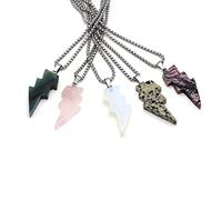 STAZA 4 Pcs Natural Stone Pendant Necklace Lightning Shape Crystal Quartz Agate Energy Stone Long Stainless Steel Chain for Jewelry Party Gift