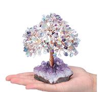STAZA Natural 7 Chakra Gemstone Healing Crystal Money Tree on Amethyst Cluster Geode Druzy Base Feng Shui Crystals(Opalite+Amethyst+Amazonite)(Fluorite Crystal)
