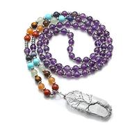 STAZA Natural Amethyst 7 Chakras Healing Crystals Necklace Wire Wrapped Clear Quartz Pendant Healing Pointed Reiki Energy Balancing(Amethyst Crystal)