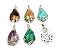 STAZA Natural Stone Pendants Waterdrop Shape Mixed Crystal Agate Alloy Base Pendant Charms for Jewelry Making DIY Random 5 Pcs