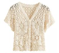 StaZamor Womens Short Sleeve Cardigan, Hollow Floral Lace Boho Sweater Shrug, Outerwear for Dresses, Summer, Apricot
