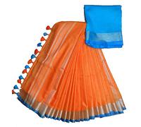 STB-SILK TEXTILES BHAGALPUR Women's Linen Slub Saree Wih Contrast Blouse Piece, Orange, One Size