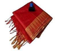 STB-SILK TEXTILES BHAGALPUR Women's Semi Tussar Silk Temple Border Saree With Stripe Blouse Attached, Color & Variations., Natural Red, Standard
