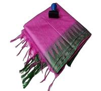 STB-SILK TEXTILES BHAGALPUR Women's Semi Tussar Silk Temple Border Saree With Stripe Blouse Attached, Color & Variations., Green Pink, Standard