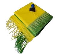 STB-SILK TEXTILES BHAGALPUR Women's Semi Tussar Silk Temple Border Saree With Stripe Blouse Attached, Color & Variations., Green Yellow, Standard