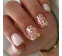 Stbisen Summer Press on Nails Short Square, White Fake Nails with a Few Nude Nails Featuring Delicate Gold-Foil Flower Designs, Glossy Finish Acrylic Nails, Natural Reusable Glue on Nails Kit