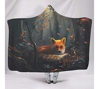 STBlanketshop Sherpa Hooded Blankets Fantasy Fox in Forest Leaves Painting Animal Nature Theme Print Hood Blanket Cosy Wrap Robe for Blankets Play, White, 150 x 200 cm