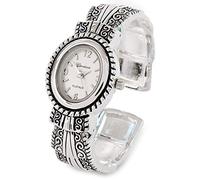 STC Silver Metal Western Style Decorated Oval Face Women's Bangle Cuff Watch, Silver, Modern