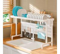 STCERY Expandable Dish Racks for Kitchen Counter, Over Sink Dish Drying Rack, Stable Storage Shelf Organizer, Partitioned Storage, Suitable for Kitchenware(White)
