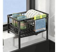 STCERY Metal Dish Drying Rack, Multifunctional Kitchen Counter Organizer Shelf, Sink Storage Rack, Adjustable Height, Small Footprint and Space-saving, Home Decor(Black)