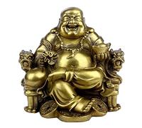 STCREE Chinese Feng Shui Brass Sitting Laughing Buddha Statue Big Belly Buddha Sitting On Emperor's Dragon Chair with Ingot, Wealth Lucky Figurine Home Decor 11cm(H) TQGJST24