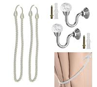 STCRERAG 2Pcs Crystal Ball Curtain Hooks Acrylic Wall Mounted Tassel Curtain Tieback Hook Chrome Curtain Holdbacks with Curtain Tie Rope and Screws for Home Office Decoration (Silver)