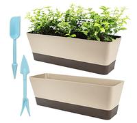 STCRERAG Succulent Plant Pot,2 Pcs Watering Planter Pot Rectangle with Drainage Holes and 2 Pcs Seedling Transplanter Long Shallow Pot for Bay Window,Kitchen Windowsill,Shelf,Coffee Table(Plastic)