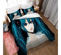Ste-X Duvet Cover Sets 220x240cm + 2 Pillow Cases 65x65cm Teenager Girl Hatsune Digital Miku Cyan Reversible Bed Set 2 Person Have Zippe (135x200cm(Single),D)