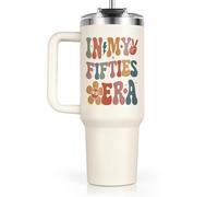 SteadStyle 50th Birthday Gifts for Women 40oz Tumbler with Handle & Straw Lid, Unusual 50th Birthday Decoration Present for Her, Sister, Mum, Friend, Wife, Ladies - in My Fifties Era Coffee Cup