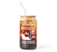 SteadStyle Book Cat Lovers Gifts - 16oz Glass Cups with Lid & Straw for Readers, Bookworm, Cat Lovers - Cute Bookish Present, Coffee Tumbler - Reading Accessories & Book Club Gifts
