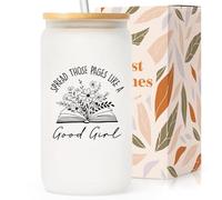 SteadStyle Book Lovers Gifts - 16oz Glass Cups with Lid & Straw Birthday Bookish Presents for Readers Librarian Bookworm Reading Accessories & Book Club Gifts