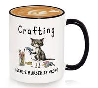 SteadStyle Funny Craft Gifts for Women Men Cat Mug 11oz - Crafting Because Murder is Wrong Ceramic Coffee Cup, Sewing & DIY Gift for Crafters, White Elephant, Birthday or Christmas Gag Present