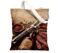 Steak Canvas Tote Bag for Women, Rustic Vintage Sauce Spices Summer Brown Washable Reusable Shopping Bags Ideas for Outdoor, Brown, 13x15 Inch