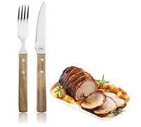 Steak Knife and Fork Cutlery Set - Traditional 2-Piece Set Made with Acacia Wood Handles Attached by A Double Rivet System and Fine Polished Stainless Steel Prongs and Serrated Blade