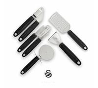 Swan SWKA61012BLKN Stealth 5 Piece Stainless Steel Gadget Set, Pizza Cutter, Y Peeler, Garlic Press, Can Opener, Grater, Soft Touch Handles, Hanging Holes, Black & Stainless Steel